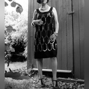 Source Unknown Black and Silver Embellished Sheath Midi Dress